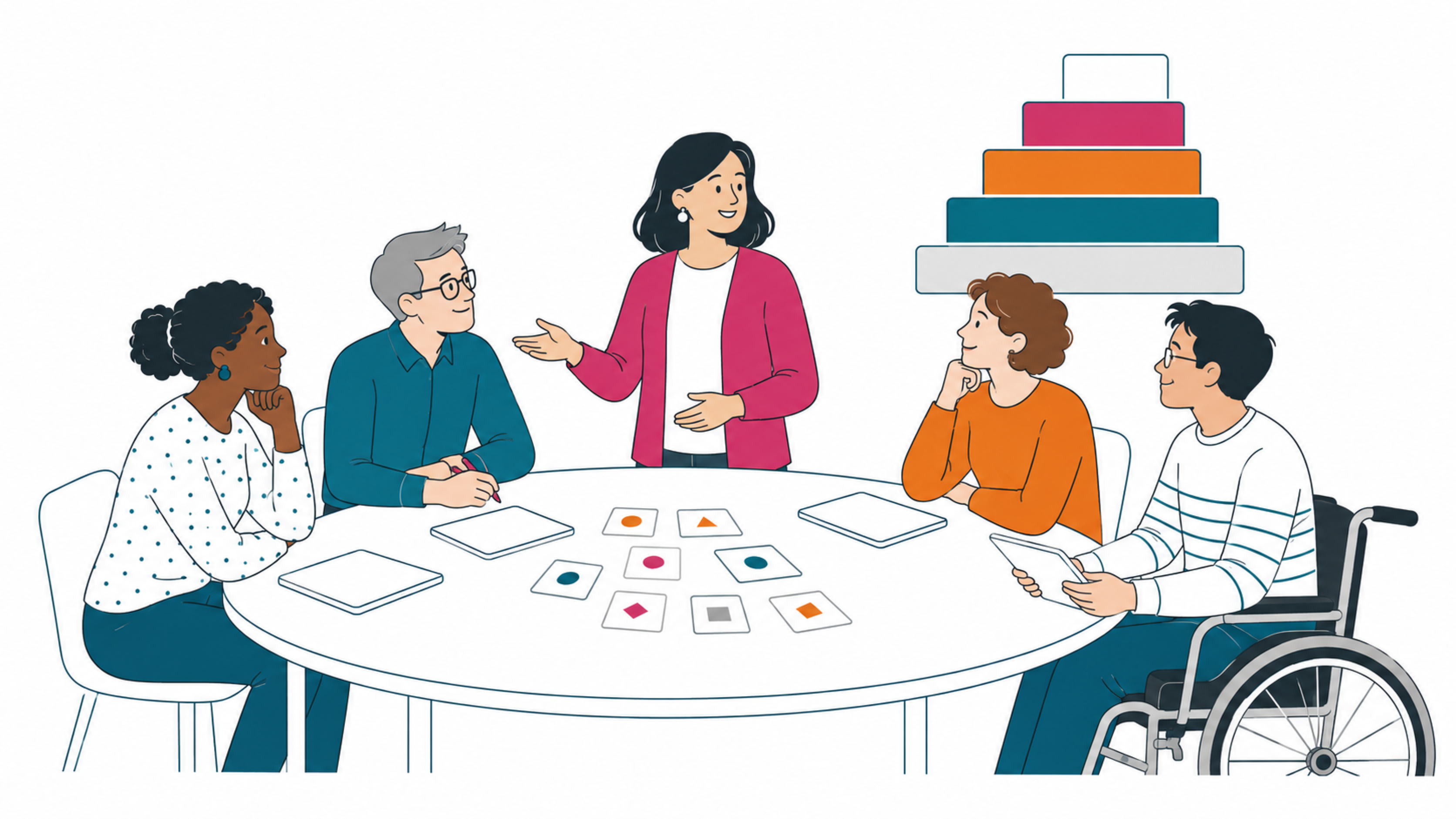 Illustration: Eine Fortbildung zu Diklusion – Lehrkräfte arbeiten mit Tablets und Karten, im Hintergrund das Fünf-Ebenen-Modell als Stufen.